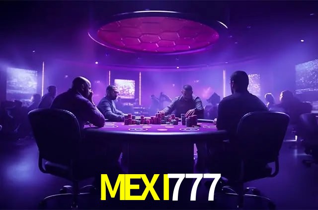 Escena dinámica inspirada en casino con iluminación MEXI777, cartas, fichas e íconos de juegos digitales en un espacio moderno de juegos.