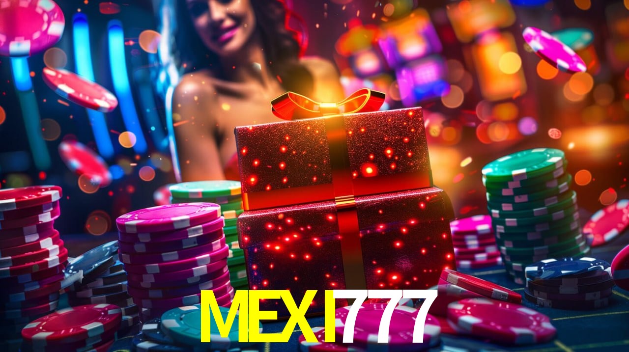 Una escena digital vívida inspirada en casino con MEXI777 mostrado prominentemente, luces brillantes, fichas, cartas y acentos dorados.